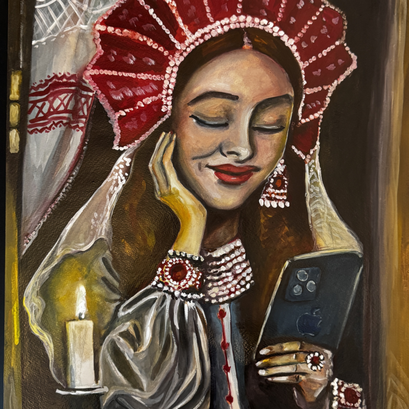 Gouache figurative painting of a woman wearing an ornate red folk-inspired headdress and traditional clothing, holding a smartphone beside a glowing candle.