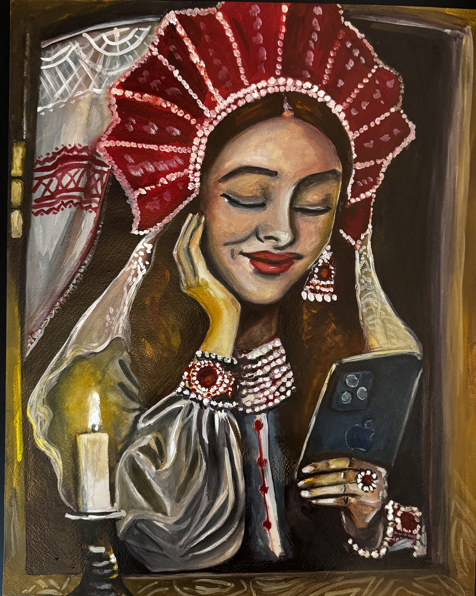 Gouache figurative painting of a woman wearing an ornate red folk-inspired headdress and traditional clothing, holding a smartphone beside a glowing candle.