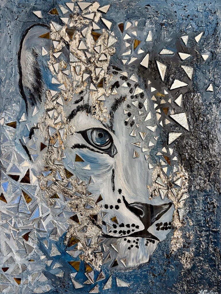 White tiger portrait surrounded by fractured metallic and geometric forms