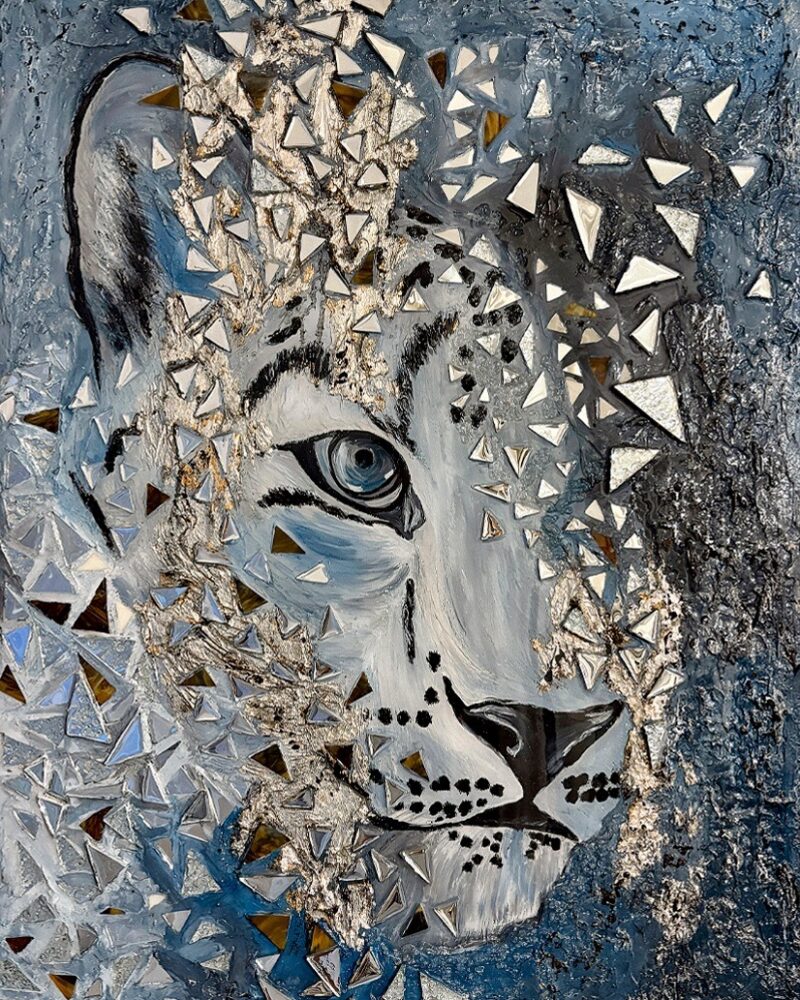White tiger portrait surrounded by fractured metallic and geometric forms