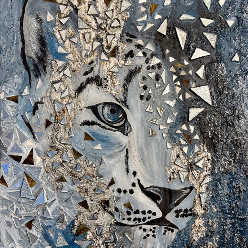 White tiger portrait surrounded by fractured metallic and geometric forms