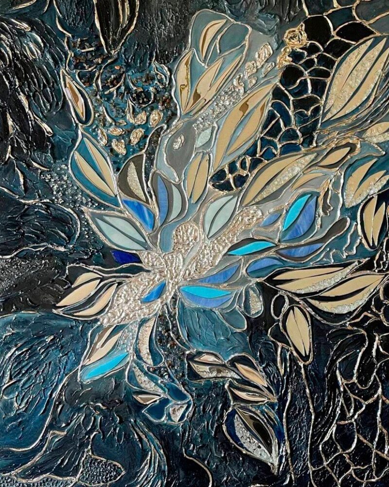 Abstract floral and botanical forms surrounded by layered organic textures Themes: