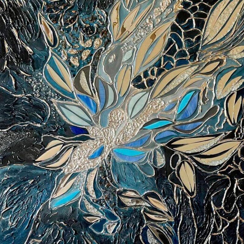 Abstract floral and botanical forms surrounded by layered organic textures Themes: