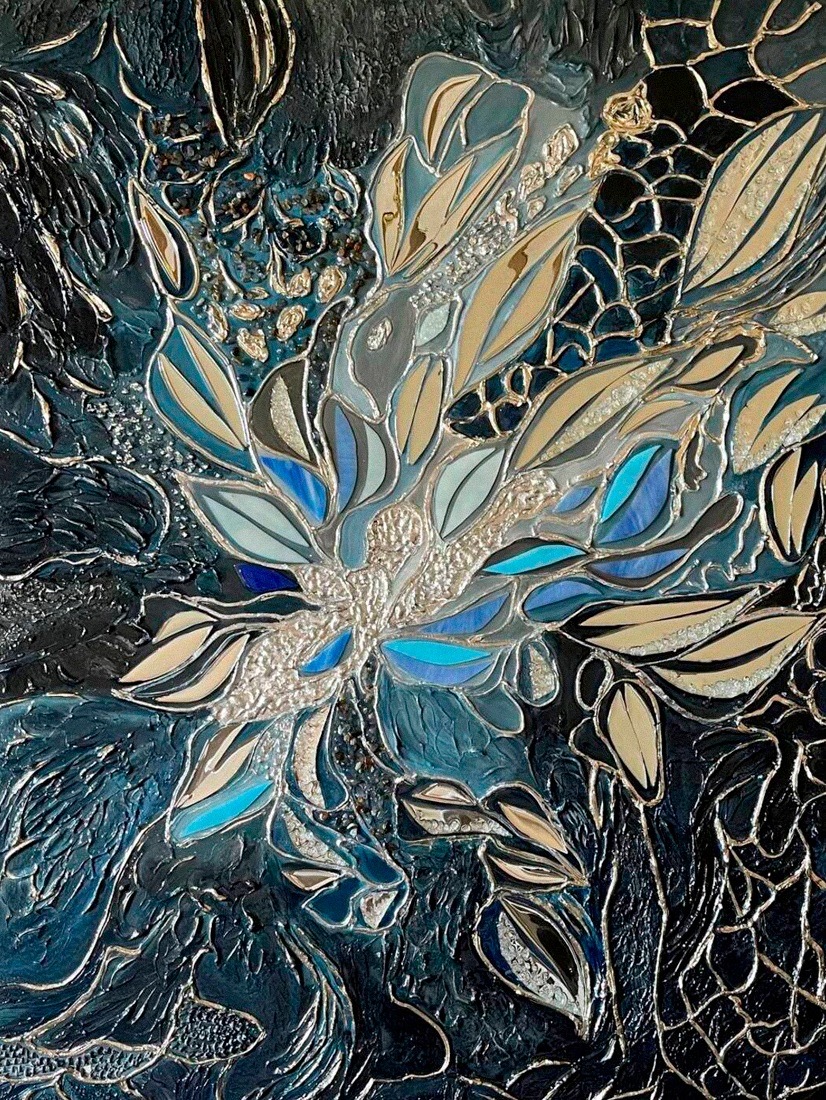 Abstract floral and botanical forms surrounded by layered organic textures Themes: