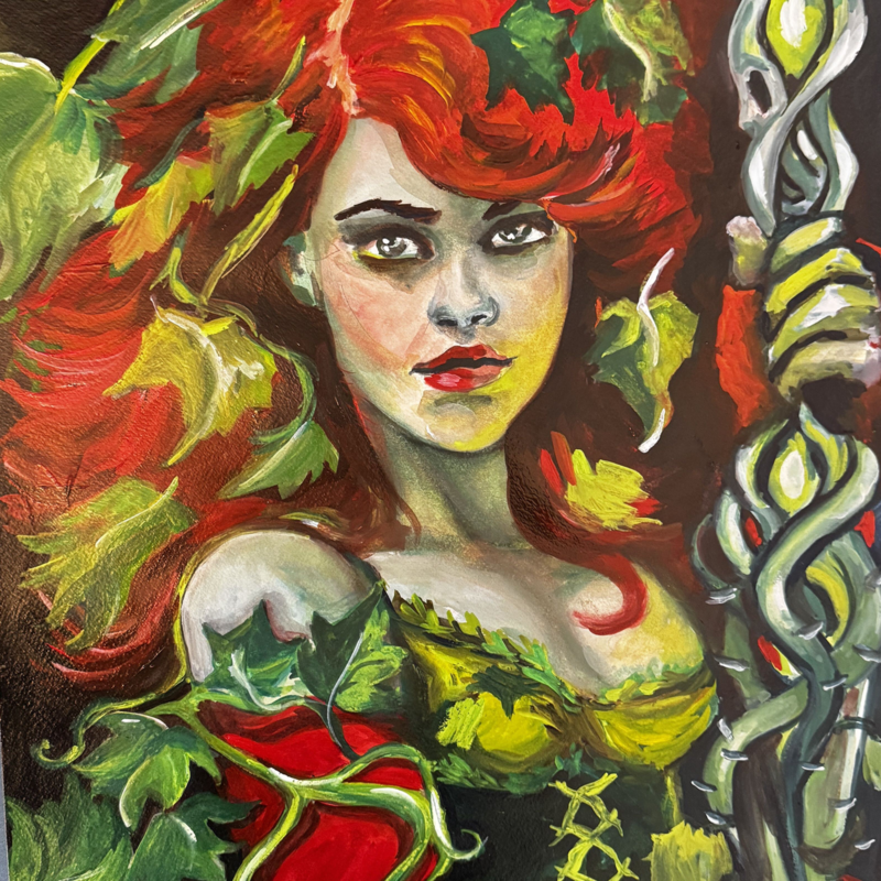Poison Ivy-inspired female portrait surrounded by vines and foliage