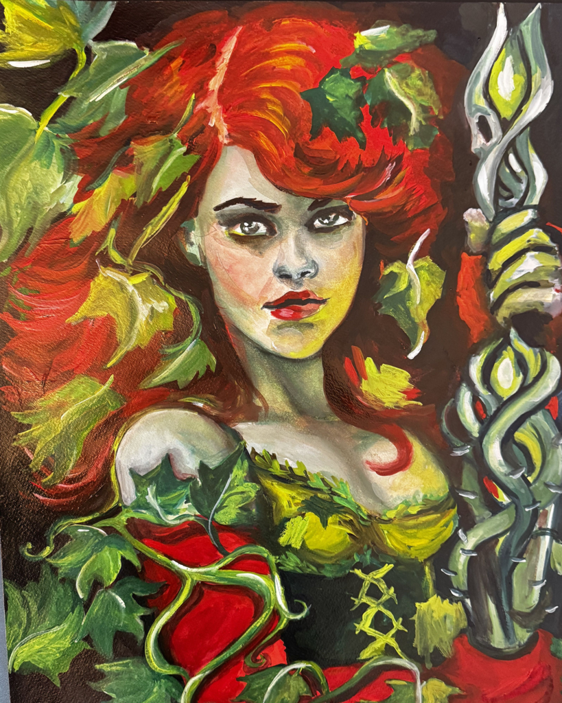 Poison Ivy-inspired female portrait surrounded by vines and foliage