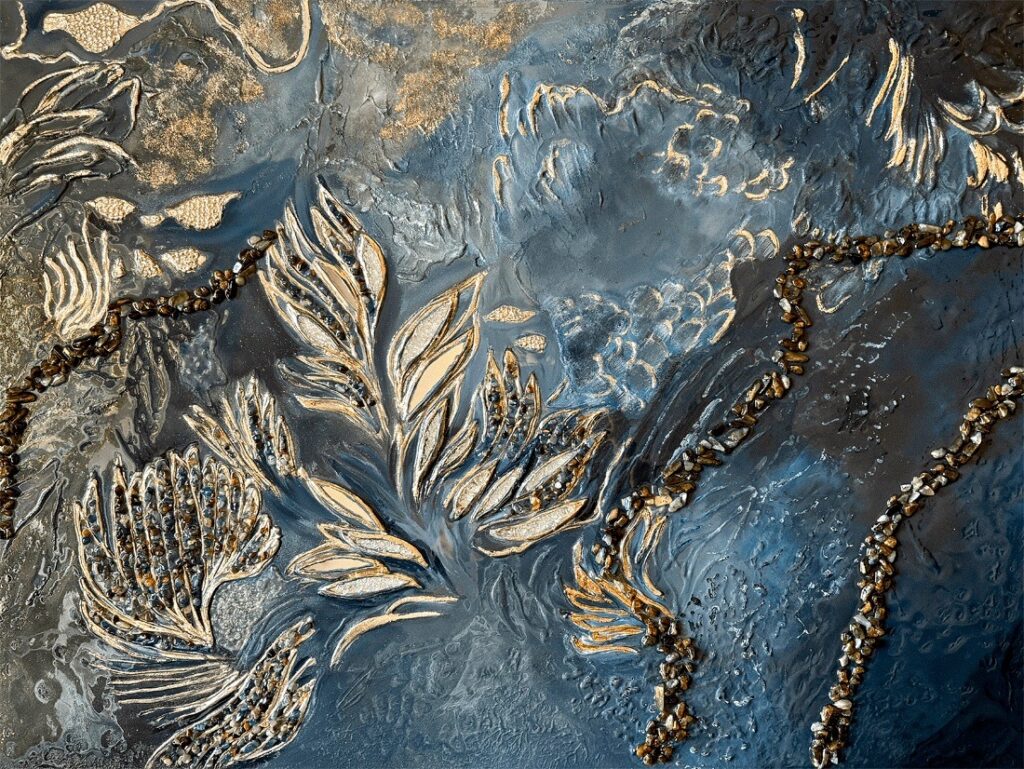 Mixed media / textured painting with metallic and dimensional elements