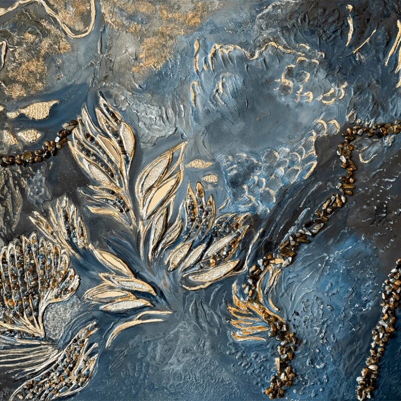 Mixed media / textured painting with metallic and dimensional elements