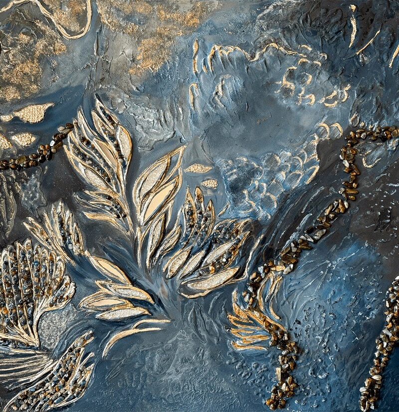 Mixed media / textured painting with metallic and dimensional elements